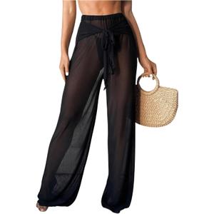 RoseSeek Women's Sheer Mesh Tie Front Bathing Suit Cover Up Pants Wide Leg Loose Swimsuit Cover Up Beach Pants (X-Large, Black)
