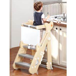 VBABY Foldable Toddler Tower, Plastic Kids Kitchen Stool, Adjustable Height Toddler Step Stool, Certified Standing Tower, White
