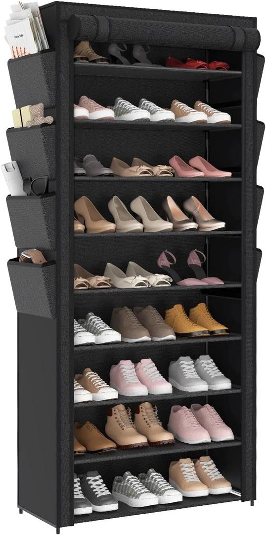 Tall Shoe Rack with Cover - 9 Tiers Shoe Organizer Large Capacity Storage with 8 Side Pockets 30-45 Pairs and Boots Vertical Shoe Cabinet for Closets, Garage, Entryway, Dorm, Bedroom