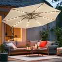 wikiwiki 10ft Solar LED Offset Hanging Market Cantilever Patio Umbrella for Backyard, Poolside, Lawn and Garden, Easy Tilt Adjustment, Polyester Shade & Cross Base, Beige
