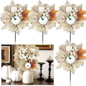 Janinka 4 Pcs Thanksgiving Day Picks Fall Pumpkin Flowers Artificial for Decoration Vintage Vase Filler 14" Faux Pumpkin Maple Leaves Berries for Dining Tables Vase Center Farmhouse Autumn Decor