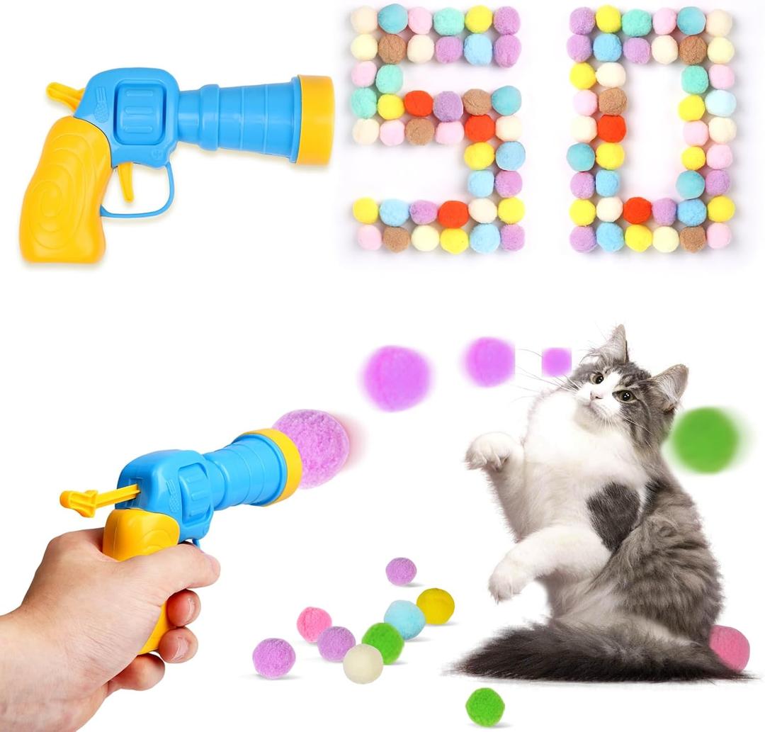 Cat Toy Balls with Launchers Set (1+50), 50 Cat Pom Pom Balls & 1 Ball Launchers (Durable Reinforced Edition)