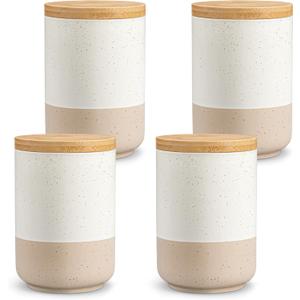 vancasso Sabine Ceramic Canister Set with Airtight Wood Lids - 4-Piece Small Kitchen Storage for Coffee, Sugar, Tea & Spices (18 oz Each) - Compact Countertop Jars