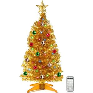 3 Ft Gold Christmas Tree with 12 Modes Timer 50 LED Four Color & Warm Lights DIY 15 Ball Ornaments 3D Star Artificial Xmas Tree Indoor Home Holiday Party Decoration