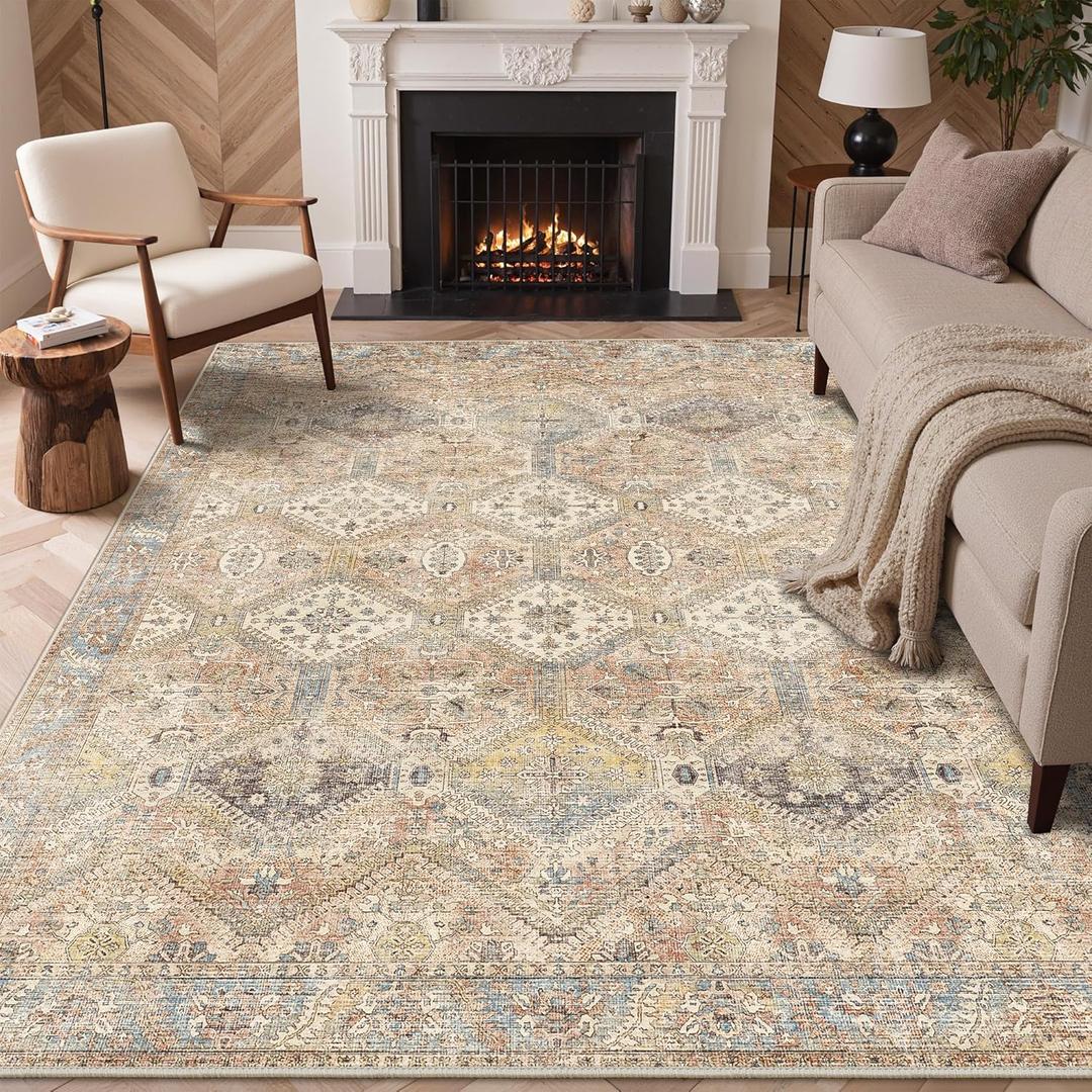 8x10 Area Rug Washable Rug for Living Room Bedroom Non Slip Carpet Yellow | Vintage Print Carpet, Low Pile Lightweight Rugs with Non Slip Backing for Home Office Dining Room