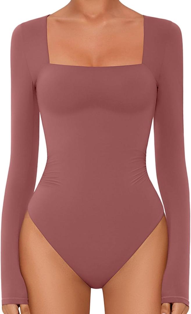 Avidlove Bodysuits for Women Sexy Long Sleeve Bodysuit Square Neck Double Lined Ruched Snap Closure Bodysuit Tops (Medium, Fuchsia)