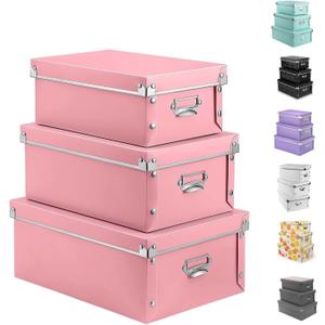 SEEKIND Storage Box, Decorative Storage Bins with Lid,3 in 1 Set,Plastic,with Handles,Press-Stud Fastening,Moisture-Proof,Foldable for Space Saving Storage,for Clothes, Cosmetic,Blankets (Grey)