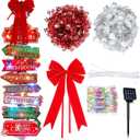 Colingmill Christmas Lamp Post Light Decorations with 8 Merry Christmas Yard Wooden Signs 16.4ft 50led Solar Light String 2 Xmas Tinsel Garlands Red Velvet Bow for Outdoor Holiday Post Lamp Yard Decor