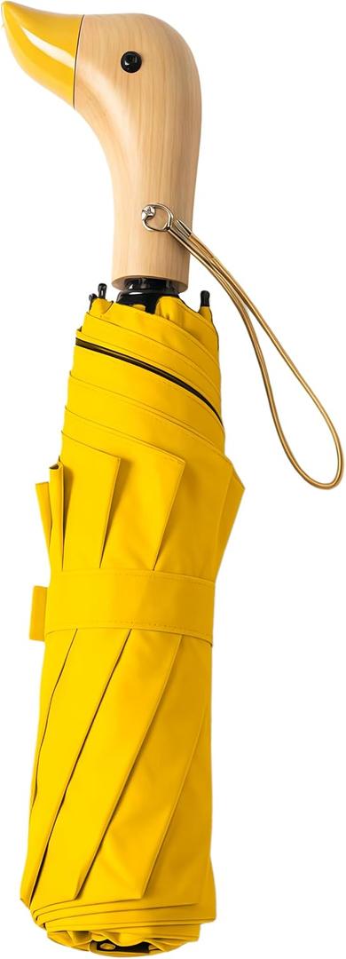 Travel Folding Umbrella with Cute Duck wooden Handle,Wide Strap,Rain/Sun,UPF 50+,UV Protection,Compact, Lightweight Portable, Sturdy & Collapsible,8 Ribs, Women/Kids,Backpack/Car