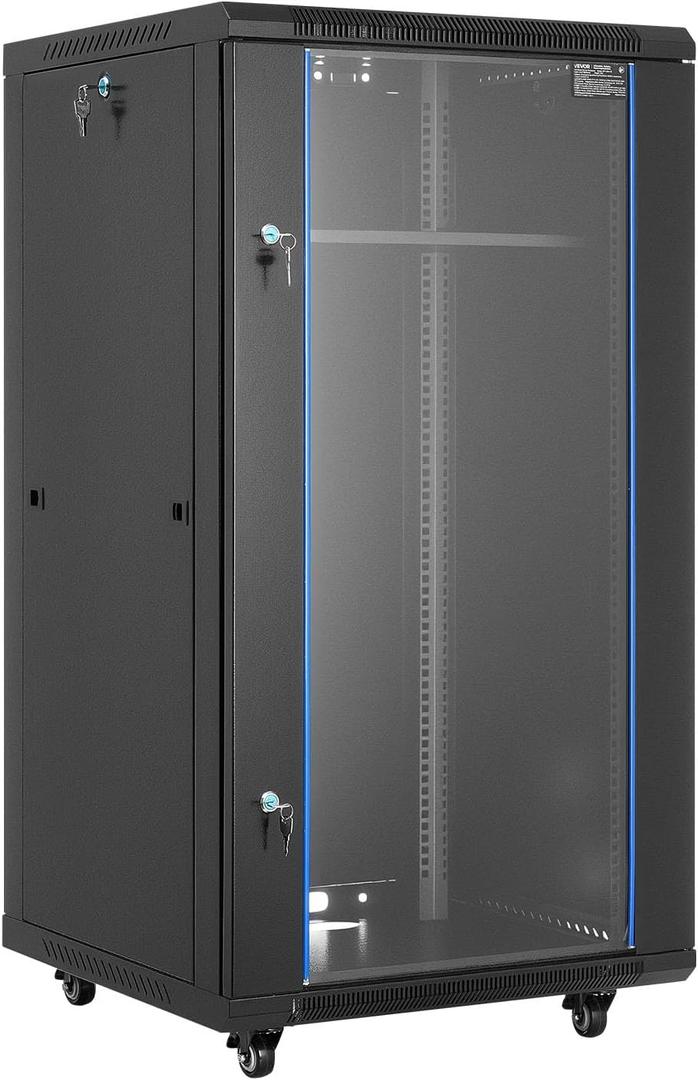 VEVOR 22U Server Rack Cabinet, Network Cabinet Wall Mount, 23.6 in Depth, Network Rack Enclosure with Locking Tempered Glass Door, 4 Casters, Side Panels, for 19 IT Equipment, A/V Devices