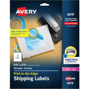 Avery Print-to-the-Edge Printable Shipping Labels, 3.75" x 4.75", Matte White, Sure Feed Technology, Laser & Inkjet Compatible, 100 Blank Labels, Great for Mailing, Branding, and More (6878)