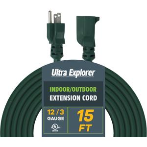 Green Indoor Outdoor Extension Cord 15 Ft, 12/3 SJTW Heavy Duty Green Extension Cable with 3 Prong Grounded Plug - Power Cord for Lawn, Garden, Appliances