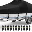 RVMasking Waterproof Boat Cover 20-22 ft, 1400D Heavy Duty Middle Reinforced Marine Grade Trailerable Cover, Fits 20'-22' V-Hull Tri-Hull Bass Boat Runabout Fish Ski Boat with Storage Bag, Black (20'-22' Long, Beam Width to 100")