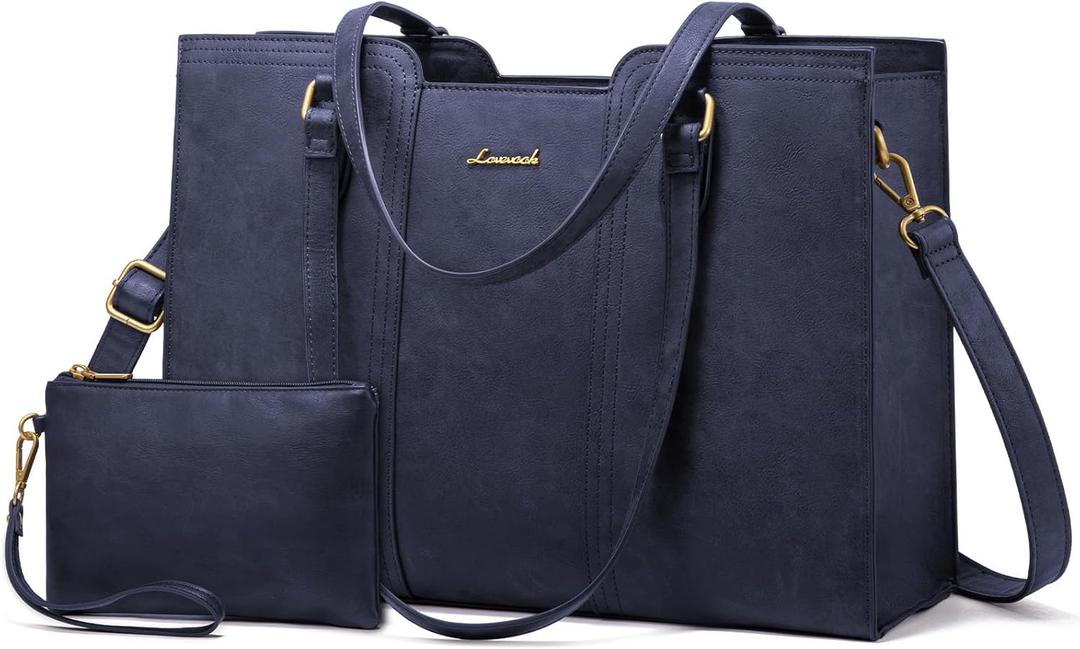 LOVEVOOK Laptop Bag for Women - Waterproof Work Bag for Women & Vintage Laptop Tote Purse with Wristlet (15.6 inch, Navy Blue)