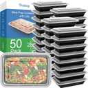 50 Pack (100-Piece) 28 oz Meal Prep Containers Reusable with Lids, Sturdy Leakproof & Food Safe, Microwave, Freezer, Dishwasher Safe Prep Containers, To Go Take Out Plastic Food Storage