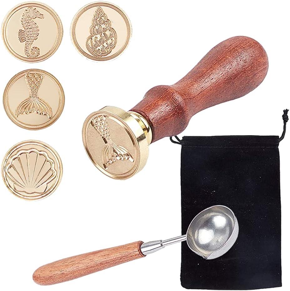 CRASPIRE 7Pcs Ocean Theme Wax Seal Stamp Kit Shell Seahorses Sealing Wax Stamps Brass Heads Wood Handle Black Velvet Pouch Conch Sea Animals Retro Brass Stamp Kit for Letter Envelope Card Gift Decor