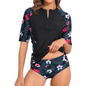 Daci Women 2 Piece Rash Guard Long Sleeve Zipper Bathing Suit with Bottom Built in Bra Swimsuit UPF 50 XXS