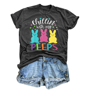 Happy Easter Shirt Women Chillin with My Peeps Tee Shirt Cute Rabbit Graphic T-Shirt Easter Gift Tee Tops (XL, Dark Grey)