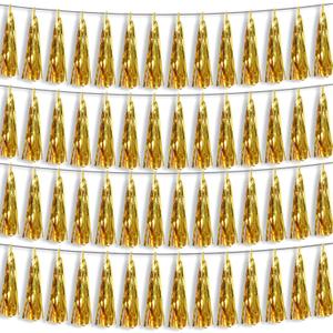 4P Gold Foil Fringe Metallic Tassel Streamers Banner Tassel Garland for Parade Floats, Bachelorette, Wedding, Birthday, Halloween, Christmas, Bridal/Baby Shower Party Decorations