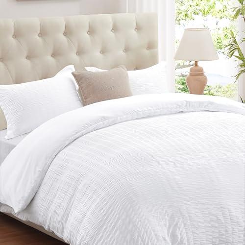 Cozyide White King Size, 3 Pieces Bedding, Soft Breathable Seersucker Duvet Cover Set with Zipper Closure and Corner Ties (1 Duvet Cover 104"x90" + 2 Pillow Shams 20"x36")