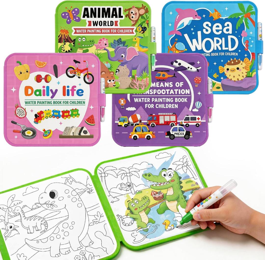 SAMZX Reusable Water Coloring Books for Toddlers 1-3, 4 Pack Magic Water Painting Book for Mess-Free Coloring, Travel Activity Toys & Educational Learning Kits Gifts for Kids Boys Girls Ages 3+