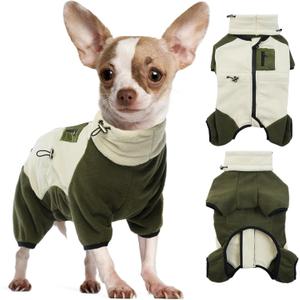 DENTRUN Small Dog Winter Coat, Warm Fleece Jacket with Removable Turtleneck, Dog Cozy Sweater for Puppy Cold Weather, Windproof Costume, Soft Woolly Pajamas (Green+Beige), Small