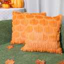 2 x Autumn Pumpkin Pillow Covers 18x18 Set of 2 Fall Thanksgiving Halloween Decorations Indoor Throw Pillow Case Soft Plush Faux Wool Cushion for Couch Sofa Bed Living Room (Orange Pumpkin)