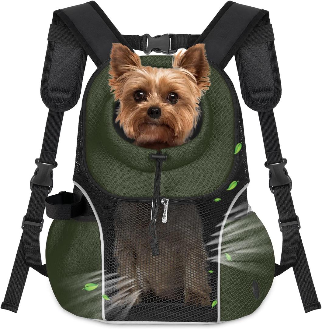 WOYYHO Pet Dog Carrier Backpack Small Dog Front Backpack Ventilated Mesh Dog Travel Back Pack with Safety Belt for Travel Hiking Cycling Outdoor Adventures (Size L: 10-14 lbs, Army Green)