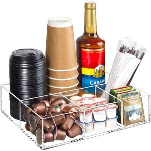 BEYGORM Acrylic Coffee Bar Station Organizer for Countertop,Office Breakroom Clear Snack Tea Storage Accessories Holder for Kcup Pod Condiment Cup Sugar Creamer Syrup, Gift for Coffee Lovers (Medium)
