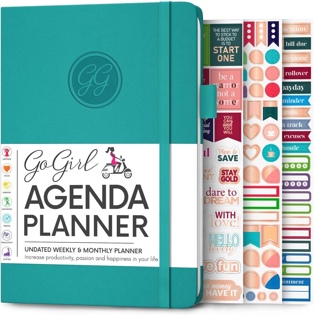 GoGirl Planner Agenda  Colorful Undated Monthly & Weekly Organizer for Women, Journal for Time Management & Productivity (Turquoise) (A5 (5.8'' x 8.3''))