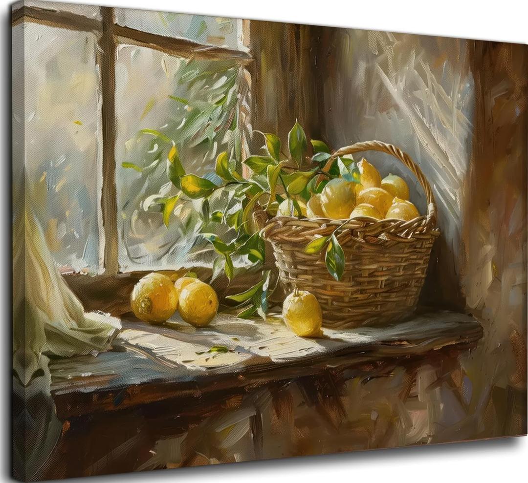 Vintage Kitchen Canvas Wall Art Yellow Lemon Still green plants Life Wall Decor Posters Prints Rustic Farmhouse Artwork Oil Paintings Pictures for Dining Room living room bedroom Bathroom,16x24 (Stretched Canvas On A Wooden Frame)