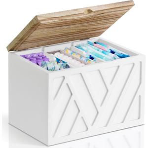 Tampon Holder for Bathroom Decor, Feminine Product Organizer with Lid, Shark Week Tampon Storage, Wood Pad and Tampon Organizer for Toilet Organizer, Bathroom Accessories Box for Girl Stuff (1Pcs-White)