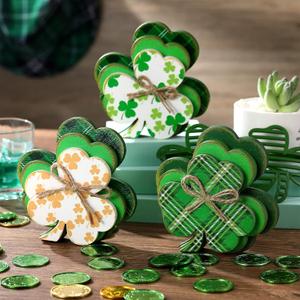 Ferraycle 3 Pcs St Patrick's Day Clover Decor Irish Wooden Tiered Tray Decor Shamrocks Block Signs Happy St. Patrick's Day Centerpiece for Tables Irish Wooden Sign for Home Kitchen