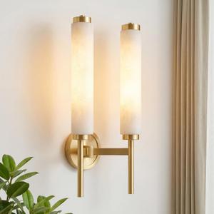Alabaster Wall Sconce Light LED 3000K Modern Brass Wall Sconces with Natural Stone Shade, Indoor Wall Lights for Bathroom, Bedroom, Hallway (Double Head), 12 inches x 12 inches x 19 inches