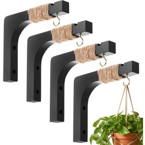 Geelin 4 Pack Wooden Plant Hanger for Wall Mounted Plant Hooks Outdoor Indoor Hanging 6 Inch Farmhouse Hanging Basket Hooks for Garden Home Wall Decoration, L x H x T: 6 x 5 x 0.8inch(Black)