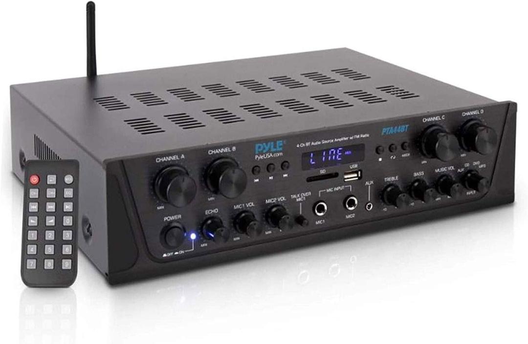 Pyle 500W 4-Channel Karaoke Bluetooth Amplifier - Home Theater Audio Receiver with AUX - FM - RCA Subwoofer Output - USB - Microphone Input with Echo for Wireless Music Streaming - PTA44BT