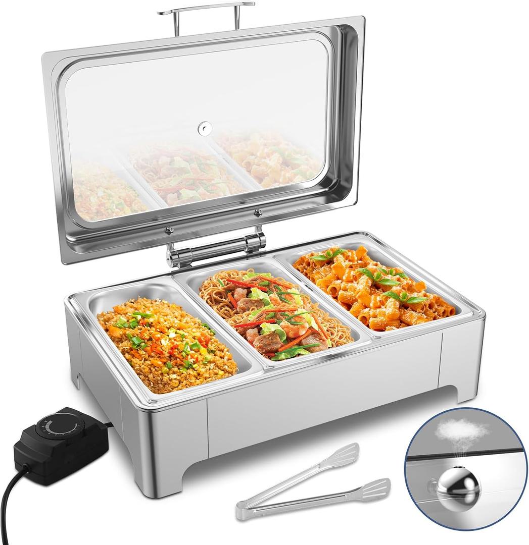 Electric Chafing Dish, 3 x 3QT Electric Food Warmer, Roll Top Stainless Steel Buffet Server with Glass Lids for Catering & Events