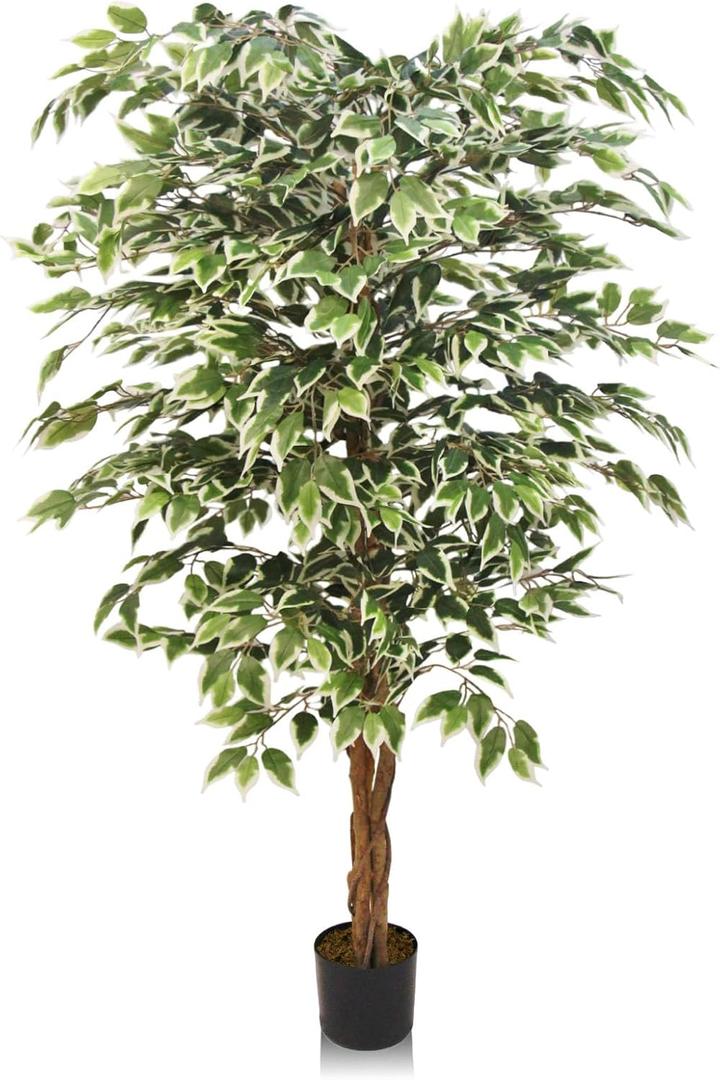6FT Artificial Ficus Tree, Tall Fake Tree Indoor, Lifelike Faux Ficus Tree with Natural Wood Trunks Branch Leaves for Home, Office, Living Room, Bedroom, Porch, Garden, Doorway, Outdoor Decor