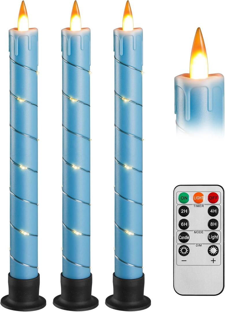 Da by 3 Pcs Flickering Flameless Battery Operated Taper Candle-Window Candles with Remote and Time-LED 3D Dynamic Flame-9.6 Inches for Wedding, Party,Home Decoration-Blue