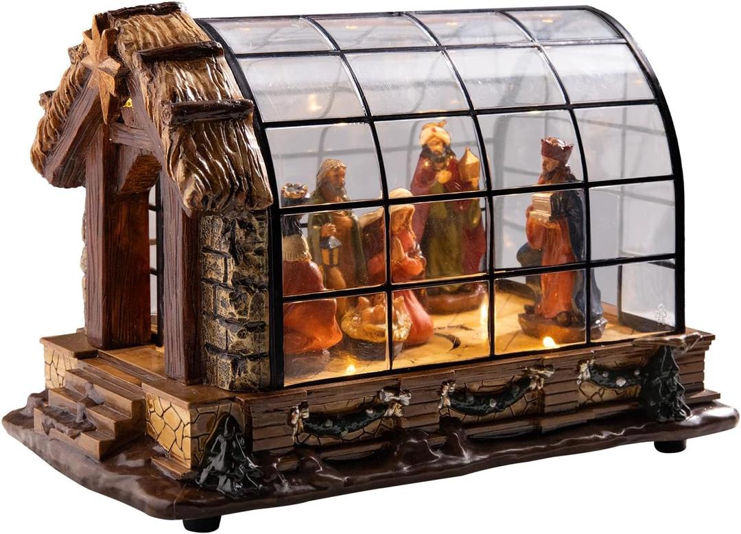 MUMTOP Lighted Christmas Village Nativity, Holy Family Nativity Figurine Set with Warm Lights, Muscial Battery Operate Christian Greenhouse Xmas Tabletop Decor