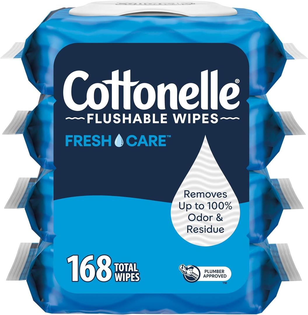 Cottonelle Fresh Care Flushable Wet Wipes, Adult Wet Wipes, 4 Flip-Top Packs, 42 Wipes Per Pack (168 Total Wipes), Packaging May Vary (BB: 12/2026)
