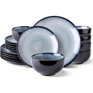 LeRatio Ceramic Dinnerware Sets for 6,Stoneware Plates and Bowls Sets,Handmade Reactive Glaze Dishes Set,Chip Resistant and Scratch Resistant | Oven&Dishwasher & Microwave Safe-Gray White(18PCS)