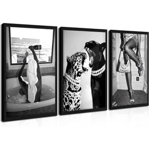 Framed Trendy Black and White Wall Art Set of 3, Fashionable Cheetah Wall Decor, Posters for Room Aesthetic, Modern Vintage Photography Model Canvas Prints for Living Room Bedroom – 16x24in, 24L" x 16W"