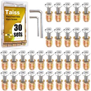 Taiss 30 Sets M6x25mm Furniture Screw Nut Threaded Inserts for Wood,M6x15mm Nut Threaded Wood Inserts Bolt Fastener Connector Hex Socket Drive Screw-in Nuts with Hex Spanner (Silver)