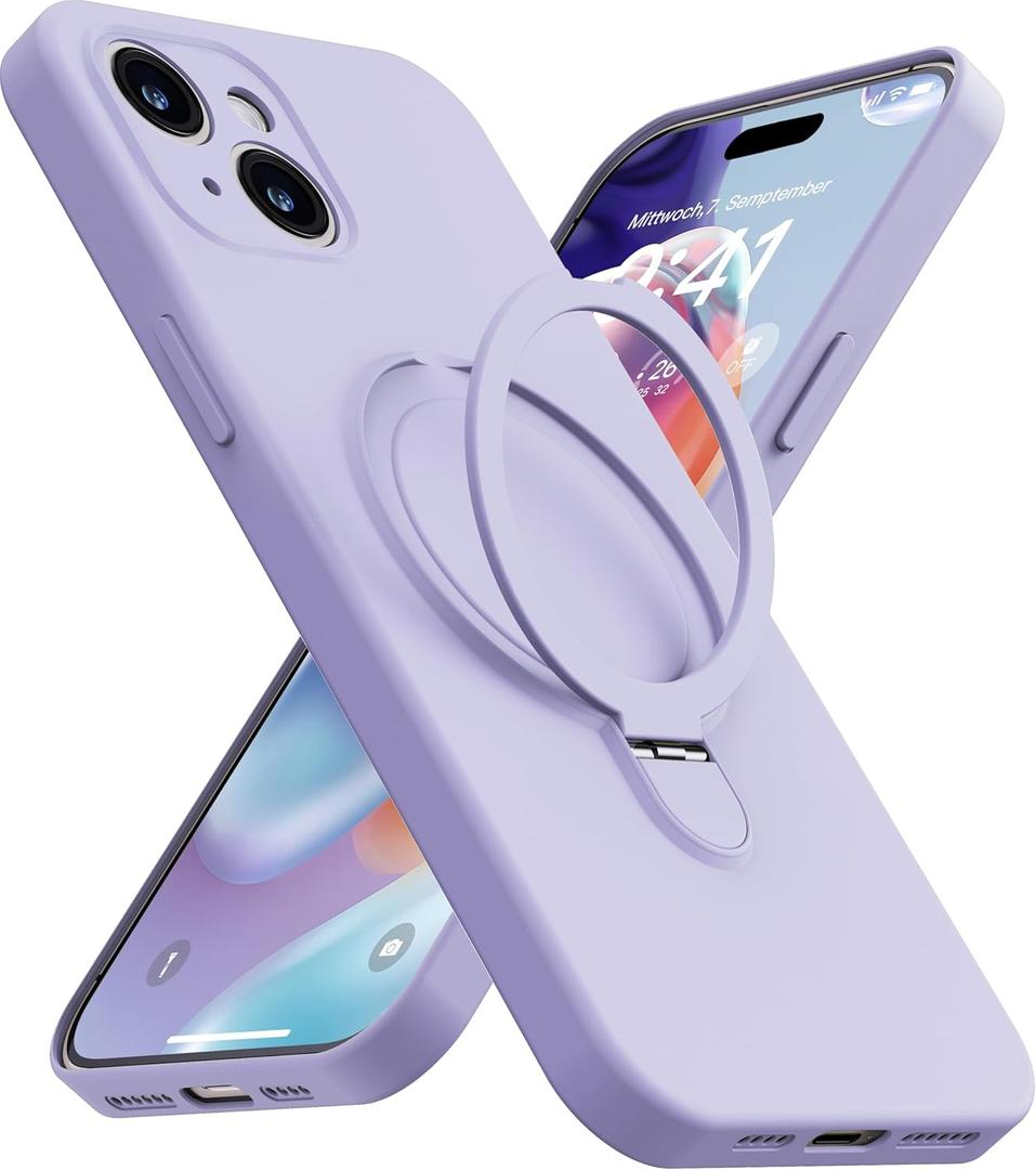 Magnetic Stand for iPhone 15, Liquid Silicone, [Compatible with MagSafe][Built-in Kickstand&Ring Holder] Anti-Scratch Soft Microfiber Lining, Light Purple