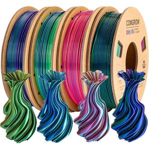 Comgrow Silk Shiny Rainbow Multi-Color 3D Printer Filament, Comgrow 3D Printing Materials Silk PLA 1.75mm, 3D Printing Filament +/-0.02mm, 250g X 4 Spool (Red & Blue & Yellow+red & Blue & Green+copper & Green & Purple+blue & Green & Orange)