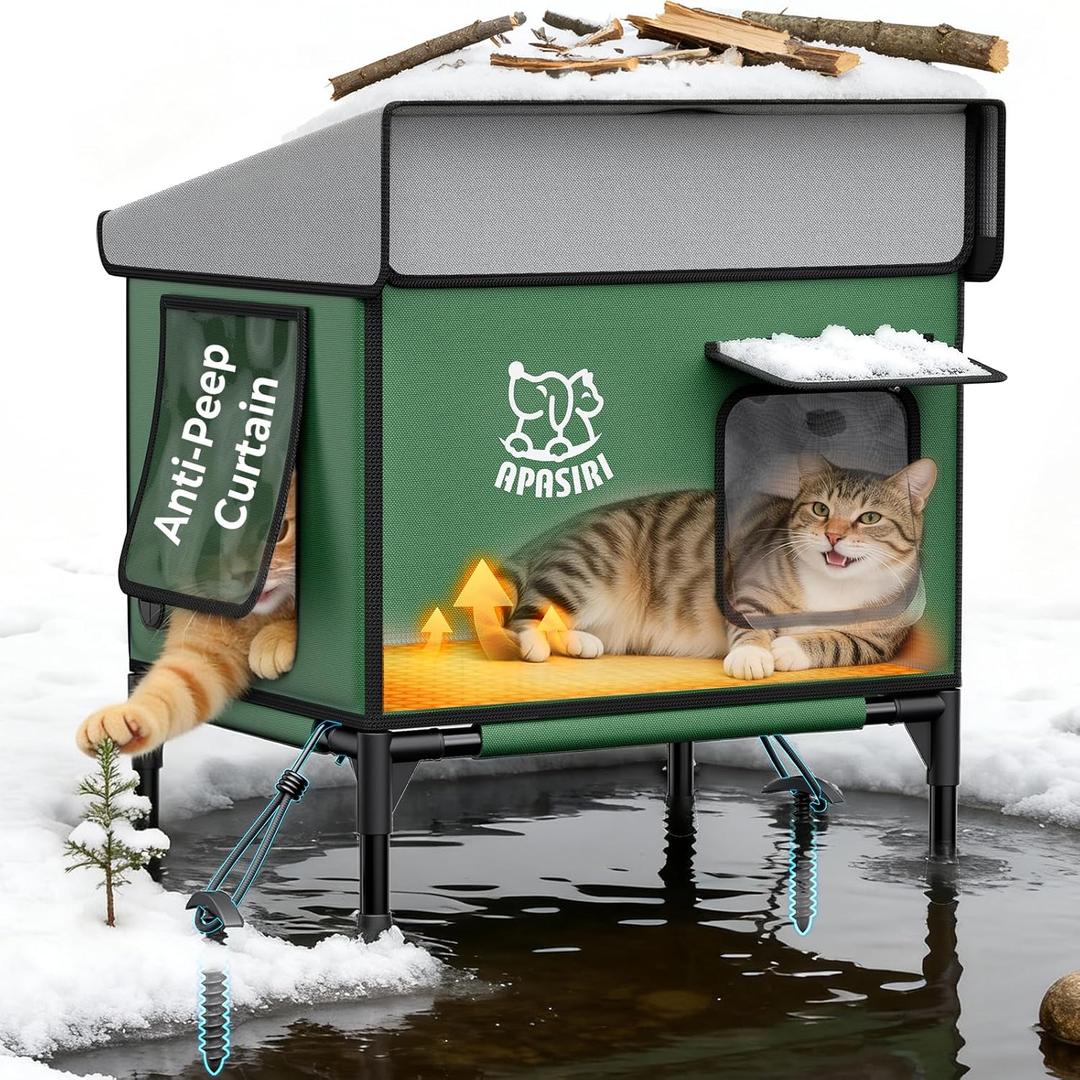 Apasiri Heated Cat House for Outdoor: Weatherproof Outside Cat Shelter, Insulated Cat House Outdoor with Heated Pad, Sloping Roof & Escape Door, Elevated Base for Stray Cats, Medium (M(18.5"x14"x16.5"))