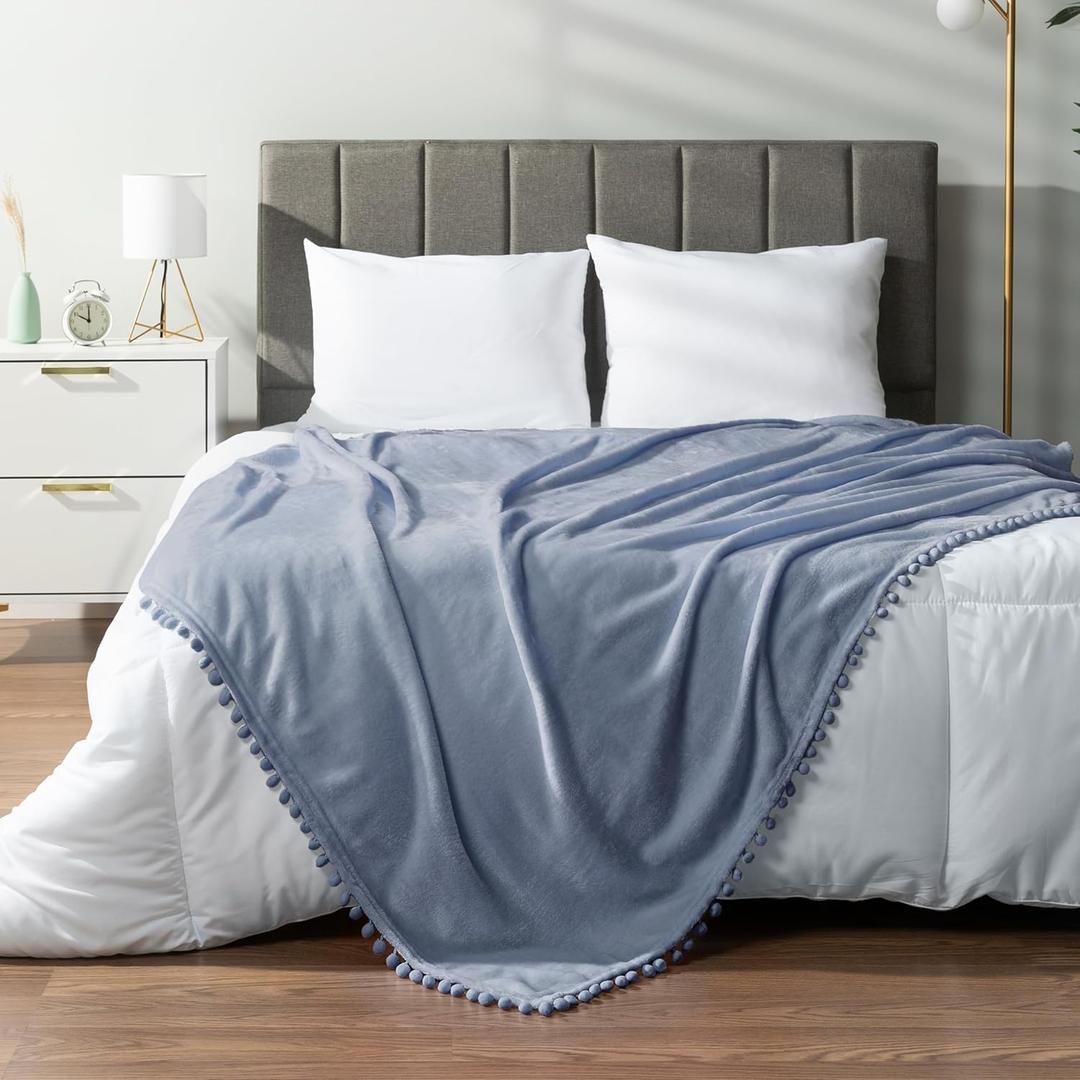 PAVILIA Fleece Throw Blanket for Couch with Pom Pom Fringe, Light Blue Dusty, Soft Cozy Fuzzy Flannel Blanket for Sofa Bed, Large Lightweight Plush All Season Throw, 60x80 Inches