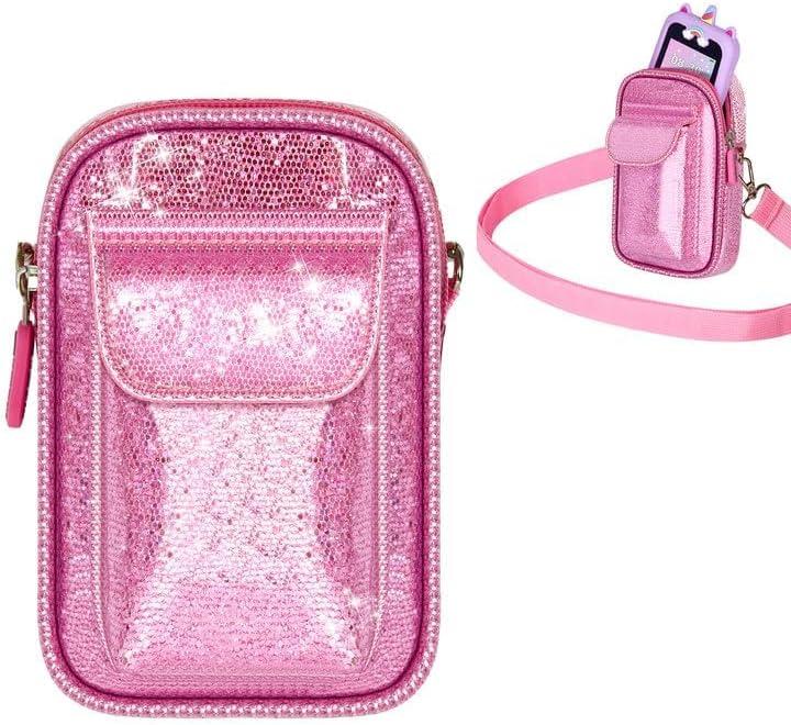 Kids Smart Phone for Girls Universal Bag for Luyiilo/ for Luoba/for Yosfeng/for WEOLULI and More, Glitter Powder Bag with Removable Shoulder Strap Fits Toddler Phone/Data Cables/SD Cards - Pink