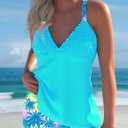 ROSEWE Womens Tankini Bathing Suits, Two-Piece Smocked Swim Dress, Print Swimsuits with Board Shorts (Blue, XL)